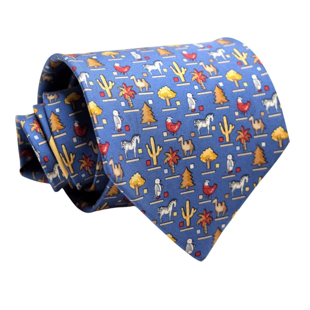 Salvatore Ferragamo Silk Tie Blue Vintage Penguin Camel Zebra Cacti Safari Italy